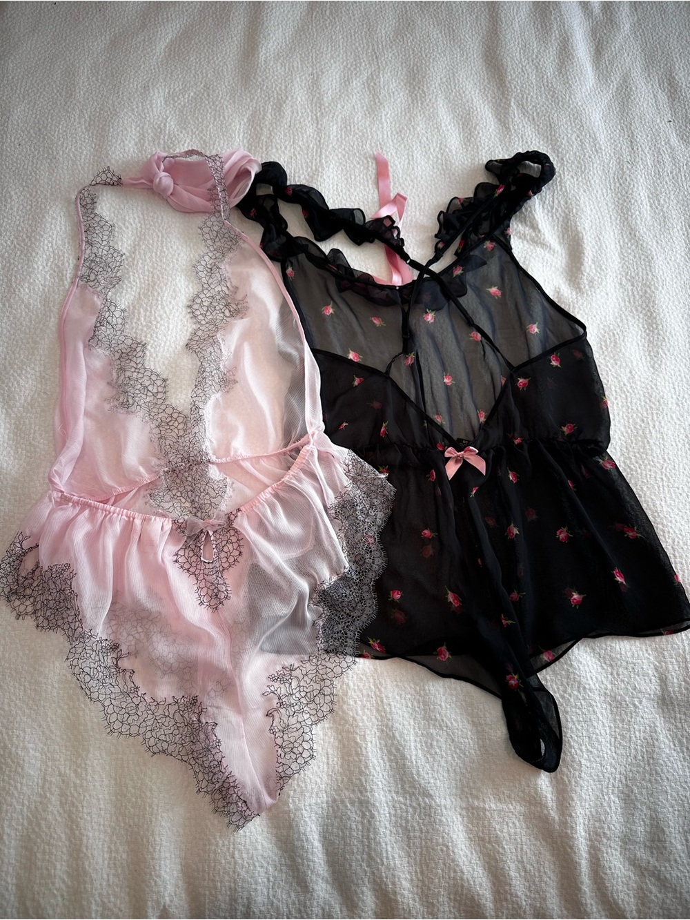 Victoria Secret Bundle of Sheer Pink Lace and Black Floral Romper Set nightie